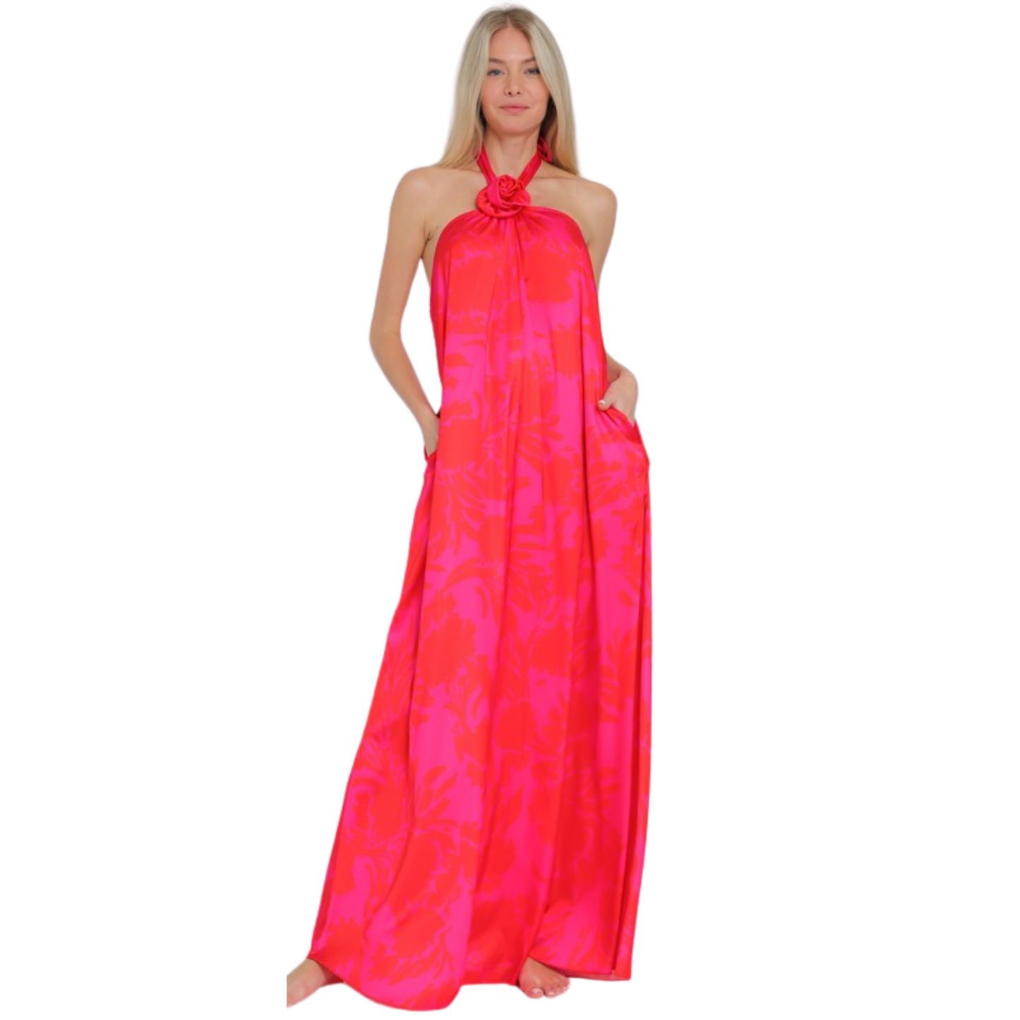 Vestido Halter Flores Rosa/Naranja