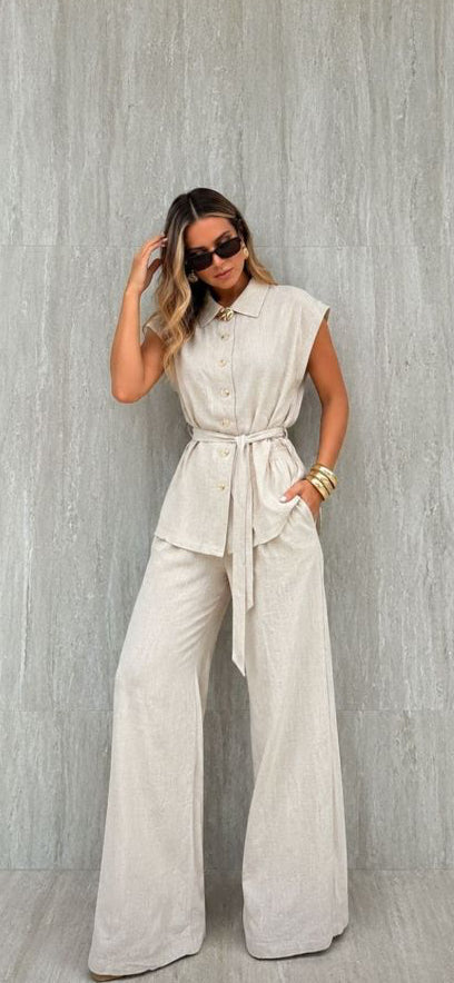 Set pantalón y blusa lino beige
