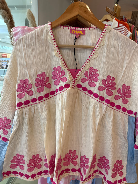 Blusa beige THML bordados rosa