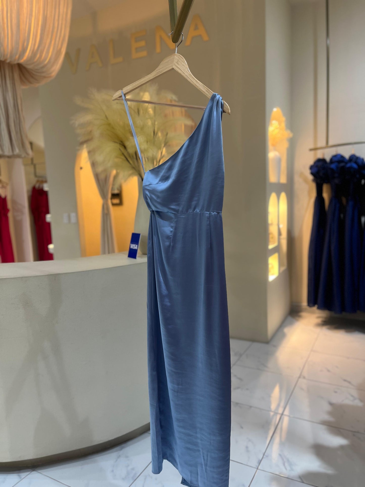 Vestido Un Hombro Satin Azul