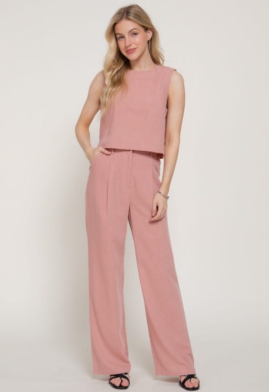 Set pantalón y blusa rosa palo lino