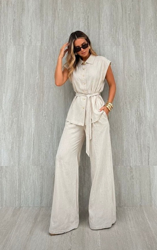 Set pantalón y blusa lino camel
