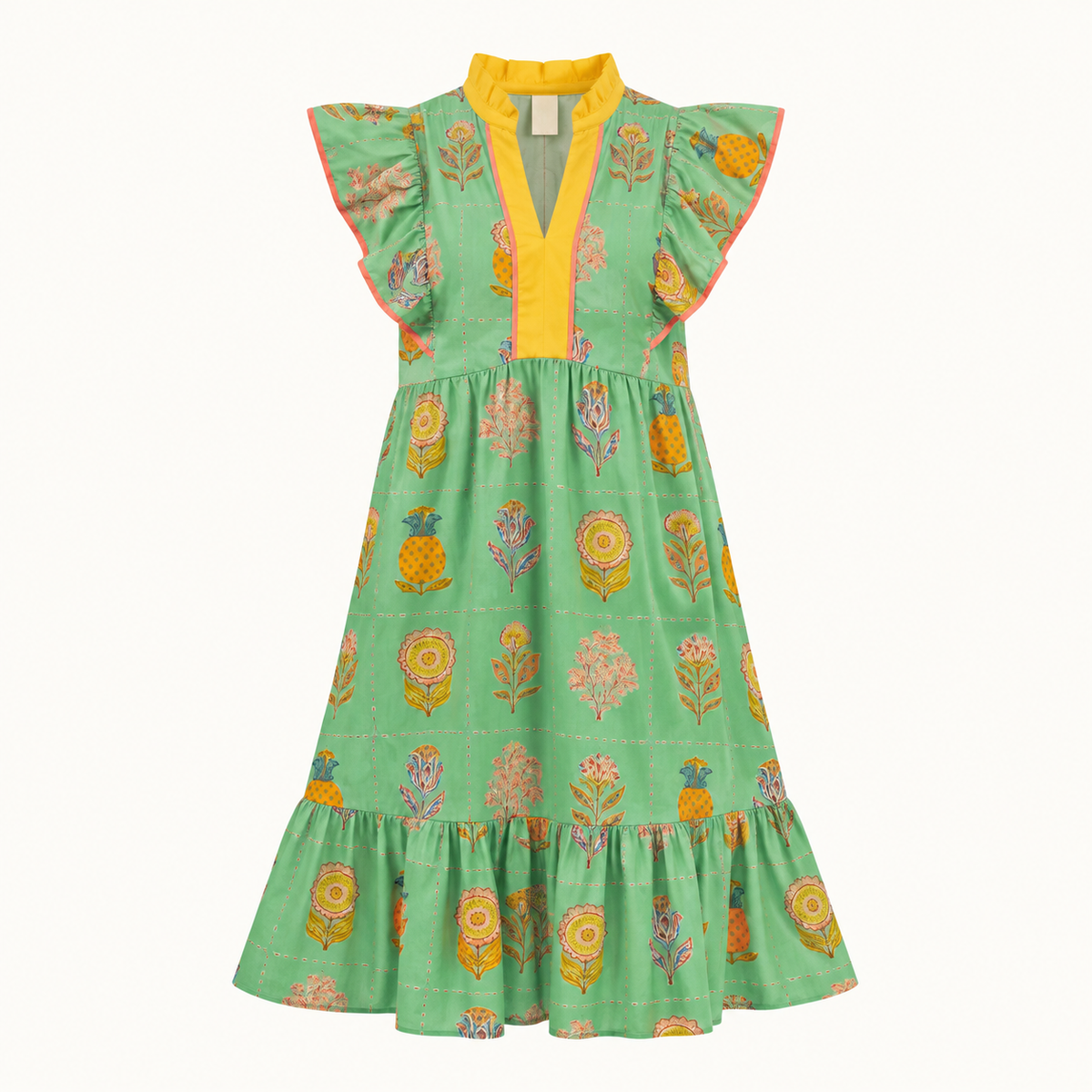 Vestido piñas coral y verde