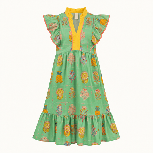 Vestido piñas coral y verde