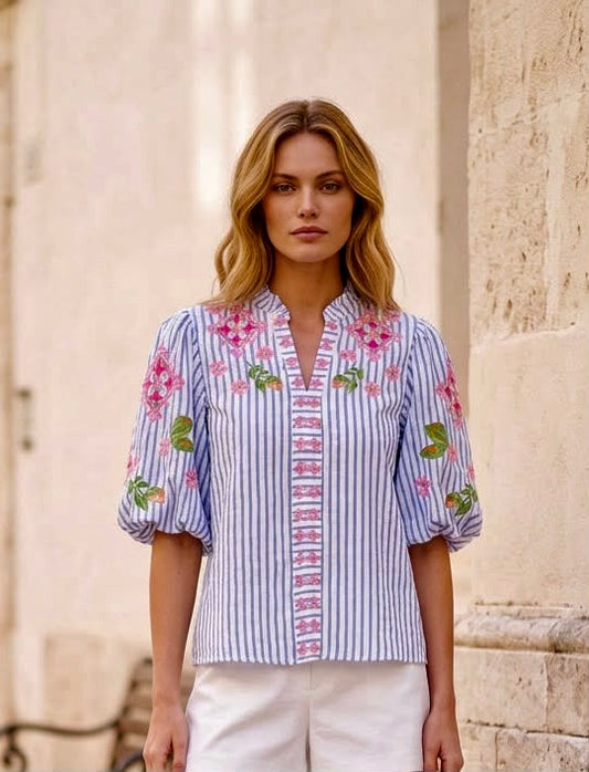 Blusa rayas azules bordado THML