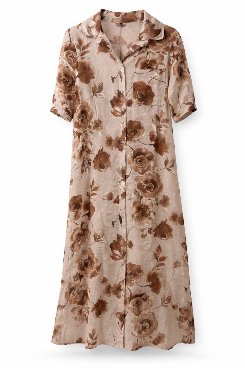Vestido Lino Italiano Flores Cafes