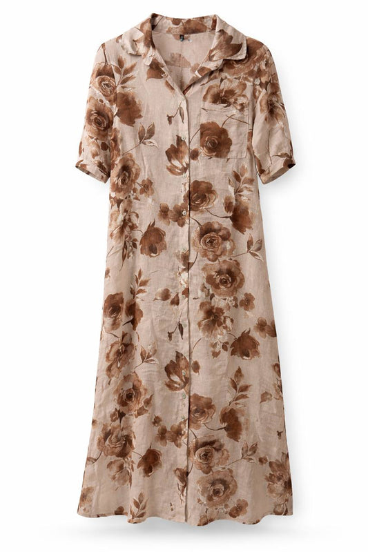 Vestido Lino Italiano Flores Cafes
