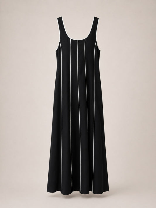Vestido Negro Franjas Beige Algodon