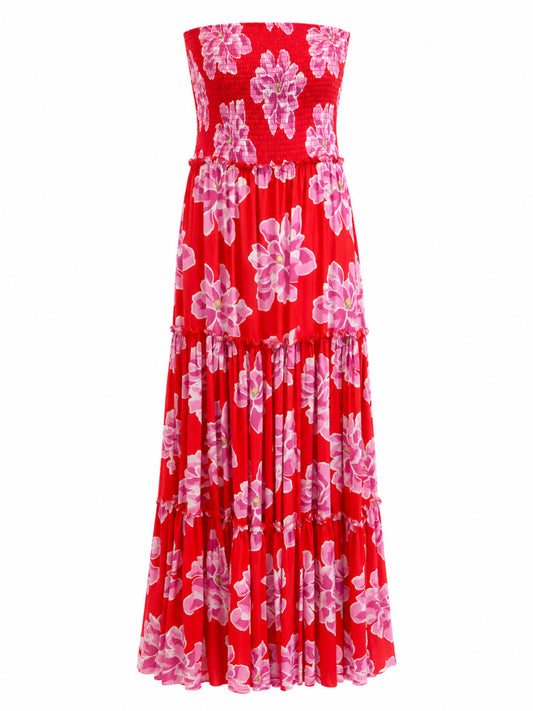 Vestido Rojo Flores Straple